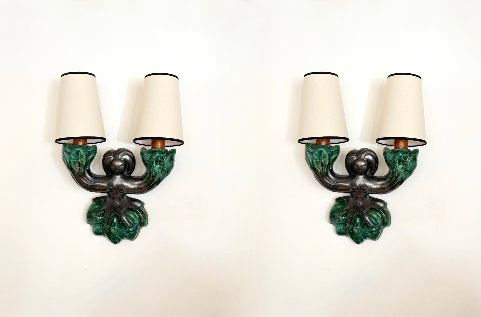 robert bonfil pair of ceramic sconces jouve style